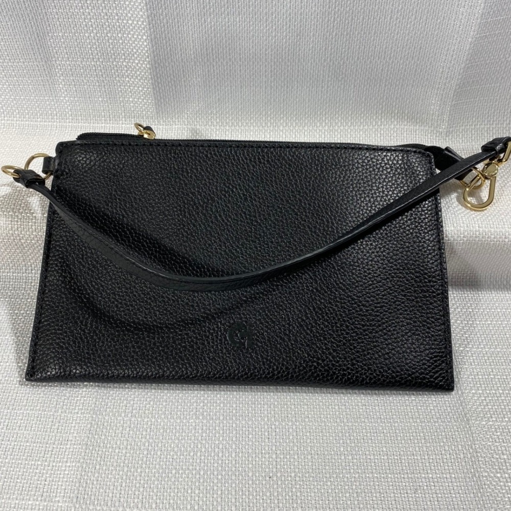 Cole Haan Black Pebbled Leather Zip Top Pouch Clutch Wristlet Gold Hardware